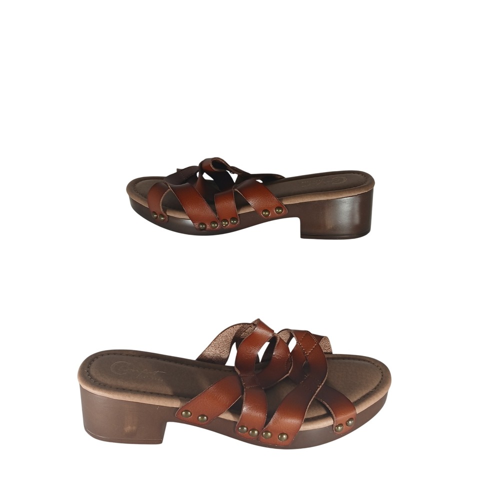 Comfort Est 1946 Strappy Slide Sandals 9 Brown Studded Boho Faux Wood Block Heel
